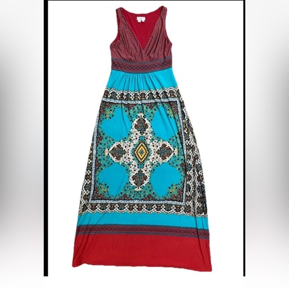 Maggy London Size 8 Red And Teal Geometric Sleeveless V-Neck Maxi Boho Dress - Picture 1 of 7